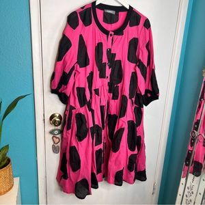 Casual Black and Pink Buttoned Midi Dress with Bishop Sleeves